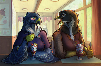 anthro beak black_body black_feathers breasts brown_body brown_eyes brown_feathers cafe cutlery dessert detailed_background detailed_fur duo eating embarrassed feathers female flustered food fur grey_body grey_feathers hand_wings happy ice_cream kitchen_utensils neck_tuft non-mammal_breasts open_mouth orange_body orange_feathers shy spoon summer tongue tools tuft warm_lighting white_body white_feathers wide_smile yellow_beak yellow_eyes tashiroth american_robin avian bird canid canine canis falcon falconid mammal oscine passerine peregrine_falcon robin_(bird) thrush_(bird) true_thrush wolf detailed hi_res