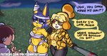 animal_crossing ankha_(animal_crossing) anthro bat_(object) blonde_hair blue_eyes blue_hair blue_speech_bubble bottomwear breasts canid canine canis clothed clothing color_coded color_coded_speech_bubble cosplay dialogue domestic_cat domestic_dog egyptian english_text eye_patch eyewear felid feline felis female fur goro_majima group hair hand_on_hip hi_res isabelle_(animal_crossing) linked_speech_bubble mammal medium_breasts name_drop name_in_dialogue navel nintendo open_mouth outside pants polygonheart red_eyes smile speech_bubble text topwear trio weapon yakuza_(series) yellow_body yellow_fur yellow_speech_bubble