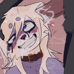 ambiguous_gender anthro balls blonde_hair blush bodily_fluids breath collar cross-eyed cum cum_from_eyes cum_from_mouth cum_from_nose cum_in_eye cum_in_mouth cum_in_nose cum_inside duo ear_penetration freckled_face freckles fur genital_fluids genitals glistening_eyelids hair heart_symbol long_hair looking_pleasured looking_up makeup male male_penetrating mascara mindfuck multicolored_body multicolored_fur open_mouth open_smile penetration penile penile_penetration penis pubes purple_body purple_fur red_collar running_makeup running_mascara simple_background smile steam steamy_breath sweat sweatdrop sweaty_balls sweaty_genitalia sweaty_legs sweaty_thighs text white_body white_fur borealhao lamapola vinea_(lamapola) domestic_ferret mammal mustelid musteline true_musteline weasel 1:1 2026 absurd_res censored dated digital_media_(artwork) hi_res mosaic_censorship portrait nonbinary_(lore)