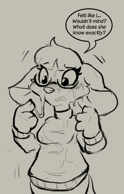 anthro blush blush_lines bodily_fluids bottomwear clothed clothed_anthro clothed_female clothing dialogue eyelashes eyewear female flustered fully_clothed fully_clothed_anthro fully_clothed_female glasses saliva saliva_on_face saliva_string shorts solo speech_bubble sweater talking_to_self text topwear wearing_glasses muhny edie_(muhny) mammal mouse murid murine rodent english_text sketch