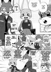 ?! anthro belt blush bodily_fluids bottomwear buckteeth canid canine clothed clothing comic dialogue disney dogear218 english_text fox fully_clothed fur group hard_translated judy_hopps lagomorph leporid mammal monochrome necktie nick_wilde open_mouth pants rabbit red_fox rodent sciurid shirt speech_bubble sweat sweatdrop teeth text third-party_edit topwear translated true_fox zootopia