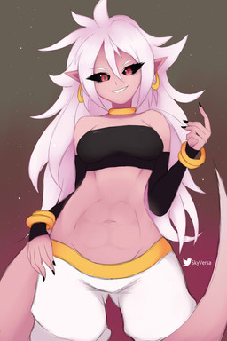 clothed clothing female hair long_hair looking_at_viewer not_furry pink_body pink_skin red_eyes smile solo skyversa dragon_ball dragon_ball_fighterz android_21 majin_android_21 alien alien_humanoid humanoid majin 2:3 absurd_res hi_res