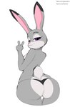 absurd_res anthro big_butt breasts butt clothed clothing disney female fur gatotorii gesture grey_body grey_fur hand_gesture hi_res judy_hopps lagomorph leporid looking_at_viewer looking_back looking_back_at_viewer mammal panties rabbit side_boob simple_background solo standing text thick_thighs thong topless underwear url v_sign white_background wide_hips zootopia