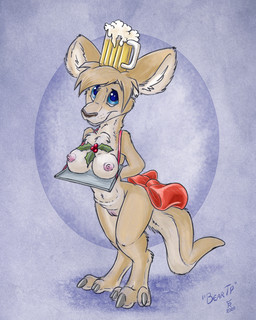 accessory alternate_species anthro blue_eyes bow_(feature) bow_accessory bow_ribbon breasts brown_body brown_fur brown_hair female fur furgonomics genitals hair holly_(plant) navel nipples nude plant pouch_(anatomy) ribbons solo tail tail_accessory tail_bow tail_ribbon vulva flinters beartp macropod mammal marsupial wallaby 2020 4:5 hi_res