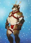 anthro antlers balls barely_visible_balls barely_visible_genitalia bell belly biceps brown_hair bulge clothing genitals hair harness horn jockstrap looking_at_viewer male muscular muscular_male outside overweight overweight_male pecs slightly_chubby snow snowing solo underwear yellow_eyes xantouke deer mammal new_world_deer reindeer 2013