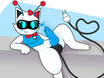 ambiguous_gender animal_genitalia animal_penis antennae_(anatomy) anthro balls black_balls black_sheath blue_penis blush bow_ribbon canine_genitalia canine_penis cybernetics feline_genitalia feline_penis feral genitals glowing glowing_genitalia glowing_penis gynomorph heart_symbol intersex knot knotted_penis long_tail looking_at_viewer lying machine on_back penile_spines penis plug screen screen_eyes screen_face sheath simple_background smile solo spread_legs spreading tail toony white_body wire hikiwi k-tee_(hikiwi) cyborg domestic_cat felid feline felis mammal robot digital_drawing_(artwork) digital_media_(artwork) traditional_media_(artwork)