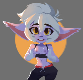 areola big_ears black_bottomwear black_clothing black_pants black_topwear bottomwear breasts clothing eyelashes female flashing flashing_breasts front_view fur grey_background hair humanoid_pointy_ears looking_at_viewer navel nipples open_mouth open_smile pants pointy_ears ponytail purple_areola purple_body purple_fur purple_nipples short_hair simple_background skinny_female slim small_breasts smile solo topwear white_hair wide_hips yellow_background yellow_eyes bunnysk league_of_legends riot_games tencent tristana_(lol) humanoid yordle absurd_res hi_res