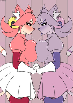 anthro bell big_breasts bodily_fluids bottomwear breast_squish breasts breasts_frottage clothing duo female female/female hair huge_breasts pressing_breasts_together saliva short_hair skirt squish text thick_thighs hotfilk mew_mew_kissy_cutie twitter undertale_(series) mew_mew_(undertale) human mammal absurd_res artist_name hi_res