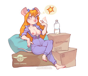anthro blue_eyes blush bodily_fluids bottle box breasts cardboard cardboard_box casual_exposure clothed clothing container eyewear eyewear_on_head female goggles goggles_on_head hair jumpsuit long_hair nipples pillow simple_background solo sweat tail text water_bottle kuroi_kamome chip_'n_dale_rescue_rangers disney gadget_hackwrench mammal mouse murid murine rodent digital_media_(artwork) english_text hi_res