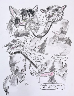 >_< animal_genitalia animal_penis anthro anthro_on_anthro asking balls bdsm begging black_balls black_body black_collar black_fur black_hair black_leash black_sheath black_tail blush bodily_fluids bone_collar_tag breath canine_genitalia canine_penis cheek_tuft collar collar_only collar_tag desperation dripping duo erection exaggerated_mastectomy_scar eyes_closed facial_tuft fur genital_fluids genitals green_eyes grey_background grey_body grey_fur grey_tail hair imminent_sex knot knotted_penis leash leash_pull male male/male male_anthro mastectomy_scar muzzle_(object) muzzled nipples nude nude_anthro nude_male penis penis_tip petplay pink_inner_ear pink_nipples pink_penis pink_scar precum precum_drip puppyplay roleplay scar sheath simple_background tail tuft white_body white_fur birdpaw_(artist) canid canine canis hybrid mammal wolfdog 2025 colored_pencil_(artwork) hi_res sketch_page traditional_media_(artwork) trans_(lore) trans_man_(lore)