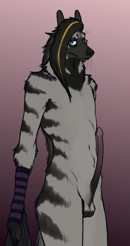 anatomically_correct anatomically_correct_genitalia anatomically_correct_penis animal_genitalia animal_penis anthro arm_warmers armwear balls blue_eyes clothing erection fur genitals gradient_background gradient_penis hyaenid_penis long_penis looking_at_viewer male mostly_nude penis simple_background skinny solo striped_body stripes whiskers white_body white_fur strana_(artist) strana_(character) hyena mammal striped_hyena 2025 hi_res