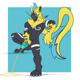anthro bodily_fluids fluffy genital_fluids genitals male marking_territory peeing penis solo tattoo urine watersports regal-bowser nintendo pokemon fan_character generation_7_pokemon legendary_pokemon pokemon_(species) zeraora 1:1 absurd_res hi_res