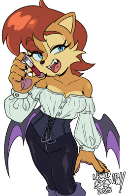 bare_shoulders blood bodily_fluids clothing corset fangs female holding_object lingerie looking_at_viewer open_mouth pawpads teeth topwear vampire_costume wings nandobango sega sonic_the_hedgehog_(series) sally_acorn chipmunk ground_squirrel mammal rodent sciurid vampire hi_res