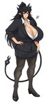 big_breasts black_hair breasts cleavage clothed clothing female hair hand_on_hip huge_breasts humanoid_pointy_ears long_hair not_furry pointy_ears simple_background solo white_background airisubaka cassandra_asmolith demon demon_humanoid humanoid 2021 absurd_res hi_res signature