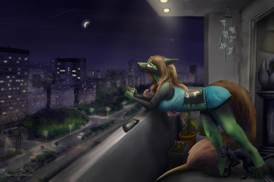 anthro beverage black_body black_fur braided_hair brown_hair car cellphone city cityscape clothing electronics female feral fluffy fluffy_tail fur green_body green_fur hair moon motor_vehicle night phone plant sculpture tail tea vehicle fexneel_denisse canid canine canis domestic_cat elemental_creature felid feline felis flora_fauna mammal wolf 2022 digital_media_(artwork) hi_res watermark