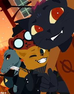 baseball_bat bat_(object) black_body black_fur blue_eyes brown_body brown_fur button_(fastener) claws clothing dusk dyed_fur eyebrows eyewear fangs fedora female fence fingernails fur glasses grin group hair hat headgear headwear jewelry knife lamp male nails necklace notched_ear null_symbol one_eye_closed pole post red_hair sky smile stairs star straps sweater tan_body tan_fur teeth top_hat topwear window wink monochromewasteland_(artist) night_in_the_woods angus_delaney bea_santello germ_warfare_(nitw) gregg_lee mae_borowski avian bear bird canid canine crocodile crocodilian domestic_cat felid feline felis fox mammal reptile scalie unavailable_at_source