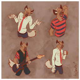 anthro bass_guitar beverage black_body black_fur brown_body clothed clothing coffee coffee_mug fur guitar male musical_instrument necktie plucked_string_instrument shirt smile solo string_instrument t-shirt topwear to(matto)3 aggretsuko sanrio haida_(aggretsuko) hyena mammal spotted_hyena 1:1 hi_res