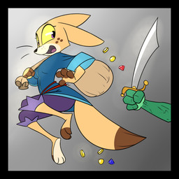 3_toes anthro bag barefoot belt black_border border bottomwear breasts cheek_markings clothed clothing coin countershade_feet countershading dipstick_tail facial_markings feet female fennec_ears fox_tail fur gem gold_(metal) gold_coin green_body head_markings holding_object holding_weapon markings melee_weapon money multicolored_tail offscreen_character open_mouth pants paws plantigrade purple_eyes shirt simple_background soles solo sword tail tail_markings tan_body tan_fur toes topwear treasure tunic weapon whiskers yellow_sclera siroc farah_(siroc) canid canine fennec_fox fox mammal true_fox unknown_species 1:1 digital_media_(artwork) hi_res