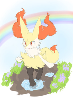 3_fingers 3_toes :o ambiguous_anthro ambiguous_gender anthro arm_tuft biped black_body black_fur black_nose blush blush_lines cheek_tuft chest_tuft detailed_background digitigrade dipstick_tail facial_tuft feet fingers fluffy fluffy_tail front_view fur high-angle_view hip_tuft inner_ear_fluff markings multicolored_body multicolored_fur nude_ambiguous nude_anthro on_one_leg open_mouth orange_body orange_eyes orange_fur orange_inner_ear_fluff orange_tail_tip outside pointy_ears prick_ears puddle rainbow shoulder_tuft solo splash standing tail tail_markings tapering_snout toes tuft two_tone_tail white_body white_fur yellow_body yellow_fur ska_siyu nintendo pokemon braixen canid generation_6_pokemon mammal pokemon_(species) 2018 colored colored_sketch digital_drawing_(artwork) digital_media_(artwork) flat_colors full-length_portrait hi_res portrait sketch
