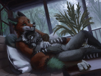 anthro black_body black_ears black_fur black_nose black_sclera dipstick_tail duo fur gloves_(marking) green_eyes green_inner_ear green_tail_tip hair hug inside leg_markings lying lying_on_ground male markings on_ground plant raining red_body red_fur socks_(marking) stripes tail tail_markings white_hair white_stripes neketo ruuqo_(yifftrax) victor_johansen canid canine canis domestic_dog fox husky mammal nordic_sled_dog spitz 2021 4:3