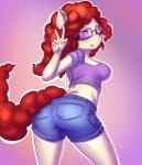 anthro bottomwear breasts butt butt_pose clothing denim denim_bottomwear denim_clothing denim_shorts eyewear female gesture glasses hair hand_gesture pose shorts solo v_sign prisma6 friendship_is_magic hasbro my_little_pony twist_(mlp) equid equine horse mammal pony hi_res