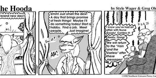 anthro breasts clothed clothed_female clothing dialogue dipstick_ears ear_markings ears_back female fur furniture gloves_(marking) hair inside markings multicolored_ears nipple_outline pivoted_ears robe shirt sofa solo tail text topwear style_wager dela_the_hooda dela_aldershaw canid canine fox hooda mammal 1998 comic english_text greyscale monochrome