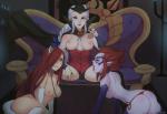 black_clothing black_panties black_underwear breasts butt clothed clothing corset eyewear female glasses gloves group hair handwear lingerie panties red_hair thong topless topwear underwear white_hair unknown_artist league_of_legends riot_games tencent evelynn_(lol) katarina_du_couteau_(lol) vayne_(lol) animal_humanoid cat_humanoid felid felid_humanoid feline feline_humanoid humanoid mammal mammal_humanoid