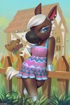 anthro blue_eyes brown_body brown_fur clothing dress duo female fence fur hair hooves looking_at_viewer male open_mouth sundress undercut white_hair miles_df animal_crossing nintendo reneigh_(animal_crossing) tom_nook_(animal_crossing) arthropod canid canine equid equine horse hymenopteran insect mammal raccoon_dog tanuki wasp