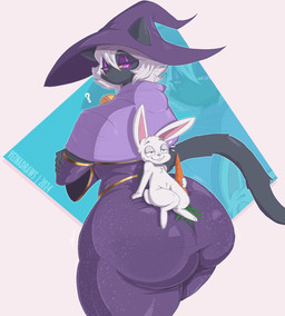 anthro big_butt black_body black_fur butt butt_focus clothed clothing crossed_arms duo female food fur hair hat headgear headwear holding_food holding_object huge_butt looking_at_another looking_back male male/female motion_lines purple_eyes simple_background sitting_on_another sitting_on_butt size_difference standing text thick_thighs white_hair wide_hips witch_hat veznadraws nemo_(simplifypm) domestic_cat felid feline felis lagomorph leporid mammal rabbit 2024 absurd_res english_text hi_res signature