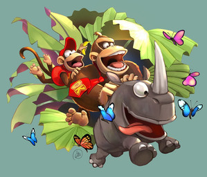 5_toes ambiguous_gender banana barefoot bottomless brown_body brown_fur clothed clothing feet food fruit fur grey_body group hat headgear headwear horn leaf male necktie open_mouth plant prehensile_feet semi-anthro soles teeth toes tongue tongue_out wings steve_mayles donkey_kong_(series) nintendo diddy_kong donkey_kong_(character) rambi_the_rhinoceros ape arthropod butterfly haplorhine insect lepidopteran mammal monkey primate rhinoceros 2019 official_art signature