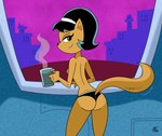 accessory anthro black_hair breasts butt clothed clothing coffee_mug female grainy green_eyes hair hair_accessory hairband inside looking_at_viewer looking_back panties panties_only pose rear_view screen screencap_redraw seductive side_boob smile solo tan_body topless underwear underwear_only scooterbark nickelodeon t.u.f.f._puppy kitty_katswell domestic_cat felid feline felis mammal 2024 colored signature