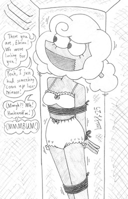 arms_tied bdsm bound bow_bra bow_panties bow_underwear bra clothing female gag legs_tied panties solo tape tape_gag underwear limpurtikles deltarune undertale_(series) elnina_(deltarune) darkner elemental_creature elemental_humanoid humanoid hi_res monochrome