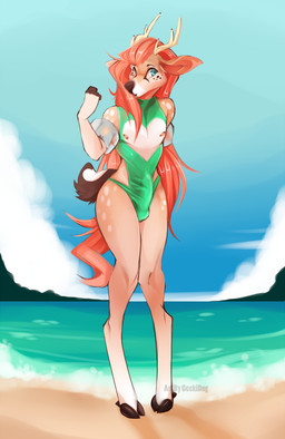 anthro antlers beach biped blue_eyes bulge clothed clothing crossdressing detailed_background detailed_bulge erection erection_under_clothing femboy front_view genital_outline genitals hair hooves horn inflatable long_hair long_legs looking_at_viewer male nipple_piercing nipples one-piece_swimsuit outside penis penis_outline piercing pool_float red_hair sand seaside sky solo standing swimwear water geekidog deer mammal digital_media_(artwork) hi_res shaded