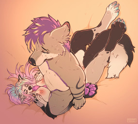 anthro big_breasts breast_play breasts claws duo ear_piercing ear_ring erection eyebrow_piercing eyebrow_ring facial_piercing female female_on_bottom fluffy fluffy_tail fur genitals grey_body grey_fur hair licking male male/female male_on_top nipple_piercing nipples nose_piercing nose_ring nostril_piercing nostril_ring nude on_bottom on_top oral penile penis penis_lick piercing pink_hair purple_hair purple_penis ring_piercing sex straddling tail titfuck tongue tongue_out seraphictiger damien_woof machinia_(damien_woof) canid canine canis mammal wolf hi_res