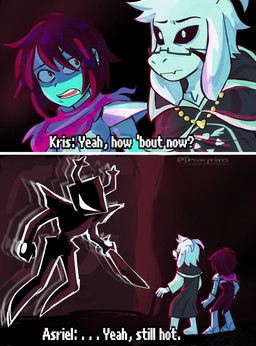 ambiguous_gender anthro armor barefoot clothed clothing eyewear feet glasses group male melee_weapon robe scared scene_reference sword trio weapon dessoirprinces danny_phantom deltarune nickelodeon undertale undertale_(series) asriel_dreemurr_(god_form) kris_dreemurr roaring_knight bovid caprine goat human mammal monster shadow_creature hi_res meme