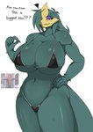 anan angry anthro big_breasts blush breasts clothing emanata eyelashes female front_view frustration_cloud green_body hair hair_over_eye hand_on_hip holidays looking_at_viewer non-mammal_breasts purple_eyelashes simple_background solo speech_bubble spikes spikes_(anatomy) text thick_thighs tight_underwear underwear 9live marvel mythology spider-man_(series) spider-man_(character) scalie digital_drawing_(artwork) digital_media_(artwork) hi_res
