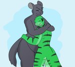 anthro bent_arm black_stripes blue_background breasts closed_smile duo eyelashes female fur green_body green_scales green_tail grey_body grey_fur grey_hair grey_tail hair hug hugging_another interspecies larger_anthro larger_female male male/female markings mouth_closed multicolored_body multicolored_scales nude nude_anthro nude_female nude_male overweight overweight_anthro overweight_female scales short_hair simple_background size_difference smaller_anthro smaller_male smile standing striped_arms striped_body striped_legs striped_markings striped_scales striped_tail stripes tail tail_markings thick_thighs onehandsomefox mythology bishui_long maria_(nichara) aquatic_dragon chinchilla chinchillid dragon mammal marine mythological_creature mythological_scalie rodent scalie 2018 colored digital_drawing_(artwork) digital_media_(artwork) english_description shaded