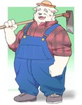 anthro clothing eyes_closed farmer hat headgear headwear kemono male overalls overweight overweight_male shirt simple_background solo topwear inunoshippo canid canine canis domestic_dog mammal 2024 hi_res