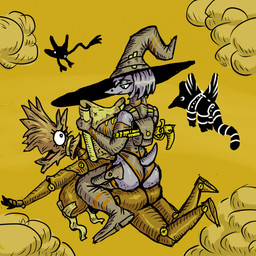 anthro backpack bent_legs big_breasts boots breasts broom broom_riding butt cleaning_tool clothed clothing cloud female flintlock flying footwear glistening glistening_butt grey_body hat headgear headwear holstered_pistol joints legwear leotard looking_at_another looking_at_object looking_back looking_back_at_another magic_user map open_mouth outside pasties pupils reading rear_view shoes side_boob sitting sitting_on_another skimpy sky skyscape spread_arms tail thigh_boots thigh_highs witch witch_hat yellow_sky zhmernalt animate_inanimate familiar steamfalish_witch 1:1 hi_res