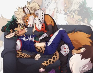 5_fingers anthro blowup_background blush breasts cleavage clothed clothing cosplay dipstick_tail duo ear_piercing female female/female fingers fur furniture green_eyes hair hand_on_breast inner_ear_fluff markings multicolored_tail open_mouth piercing purple_hair red_eyes simple_background sofa spots spotted_body spotted_fur straddling tail tail_markings tomboy tuft u.a._gym_uniform undressing lukurio my_hero_academia izuku_midoriya katsuki_bakugou kuro_murasaki yumi canid canine domestic_cat felid feline felis fox mammal serval 2018 digital_media_(artwork) hi_res