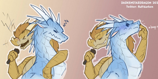 ambiguous_gender annoyed black_sclera blue_body blue_scales blush boop brown_body brown_scales duo electronics eyes_closed facial_scar feral gradient_background horn long_neck microphone scales scar sharp_teeth simple_background singing snout spikes spikes_(anatomy) surprised teeth darkenstardragon european_mythology mythology wings_of_fire qibli_(wof) winter_(wof) dragon icewing_(wof) mythological_creature mythological_scalie sandwing_(wof) scalie western_dragon watermark male_(lore)