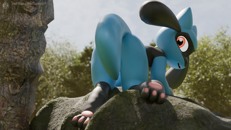 anthro blue_body butt camera detailed_background dishonesty forest looking_at_viewer looking_back looking_back_at_viewer male open_mouth paws plant red_eyes rock sky solo tail tree sawert nintendo pokemon ruben_(sawert) generation_4_pokemon mammal pokemon_(species) riolu 16:9 2025 3d_(artwork) blender_(artwork) digital_media_(artwork) hi_res widescreen