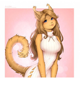anthro big_breasts blep blue_eyes blush border breasts brown_hair clothing eyelashes female fur hair inner_ear_fluff long_hair looking_at_viewer markings orange_body orange_fur pink_tongue simple_background sleeveless_clothing sleeveless_sweater solo striped_markings striped_tail stripes sweater sweater_dress tail tail_markings tongue tongue_out topwear tuft white_border white_bow white_clothing white_sweater white_topwear sugarrrpeach domestic_cat felid feline felis mammal 2024 colored digital_drawing_(artwork) digital_media_(artwork) hi_res shaded
