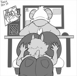 anthro big_butt bodily_fluids body_worship bottomwear butt butt_grab butt_sniffing butt_worship clothed clothing computer duo electronics eyewear face_in_ass fully_clothed glasses hand_on_butt horn huge_butt kneeling male male/male monitor pants rear_view sitting sniffing surprised sweat sweatdrop video_call yoga_pants roccorox marshal_(serbiansockfight) alpaca bovid camelid caprine goat mammal greyscale hi_res monochrome sketch