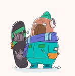 anthro bottomwear brown_body clothing earmuffs hat headgear headwear humanoid_hands male overweight overweight_anthro overweight_male pants scarf simple_background snow snowboard solo sweater topwear white_background mugicaan1 odd_taxi hiroshi_odokawa_(odd_taxi) mammal marine pinniped walrus 2018 hi_res official_art