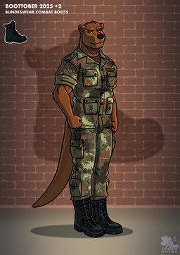 anthro army army_clothing army_outfit army_uniform biceps big_muscles black_boots black_clothing black_footwear black_hair blue_body blue_fur boots bottomwear brick brick_background brick_wall brown_clothing brown_shirt brown_topwear camo camo_bottomwear camo_clothing camo_jacket camo_pants camo_print camo_topwear clothing cocky cocky_grin combat_boots fist footwear fur green_bottomwear green_clothing green_eyes green_jacket green_pants green_topwear grin grinning_at_viewer hair jacket knee_pads looking_at_viewer male manly military military_clothing military_jacket military_pants military_uniform muscular muscular_anthro muscular_male pants pattern_bottomwear pattern_clothing pattern_pants pattern_topwear pose shadow shirt shoes smile smiling_at_viewer smirk smirking_at_viewer soldier solo standing tail thick_arms topwear uniform wall_(structure) warrior white_body white_fur torrosketch randy_norrik mammal mustelid otter hi_res