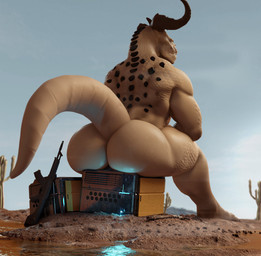 2_horns anthro barazoku big_butt butt cactus day desert detailed_background feet horn huge_butt male muscular muscular_anthro muscular_male nude outdoor_nudity outside plant scales sharp_teeth sitting solo tan_body tan_scales teeth thick_thighs toes weapon white_eyes wide_hips morethreedee fallout microsoft deathclaw scalie 2021 3d_(artwork) digital_media_(artwork) hi_res
