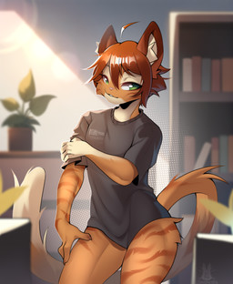 anthro bookshelf clothing flower fur furniture green_eyes hair inside long_tail male mirror mirror_reflection orange_body orange_fur orange_hair plant reflection shirt short_hair smile solo striped_body stripes tail topwear janiskisa august_(hlebopodobniy) domestic_cat felid feline felis lagomorph mammal absurd_res digital_media_(artwork) full-length_portrait hi_res portrait