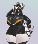 anthro bedroom_eyes big_breasts big_butt breasts bulge butt clothing curvy_figure front_view gynomorph hime_cut horn huge_breasts huge_butt intersex looking_at_viewer multi_tail narrowed_eyes non-mammal_breasts seductive solo suit tail voluptuous yellow_eyes odisia nintendo pokemon io_(sparkwelkin) generation_5_pokemon pokemon_(species) scolipede digital_drawing_(artwork) digital_media_(artwork) hi_res gynomorph_(lore) nonbinary_(lore)