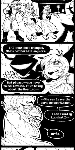 ambiguous_gender anthro antlers armor blade bodily_fluids clothing creepy_smile dialogue duo female freckles group heart_symbol heterochromia horn male melee_weapon mistaken_identity open_mouth smile speech_bubble spiked_tail spikes spikes_(anatomy) sword tail tail_blade tears text tricked trio weapon weapon_tail natalieleif deltarune mythology undertale_(series) friend_(deltarune) kris_dreemurr noelle_holiday ralsei roaring_knight susie_(deltarune) bovid caprine darkner deer dragon goat human lightner mammal monster mythological_creature mythological_scalie scalie comic english_text hi_res